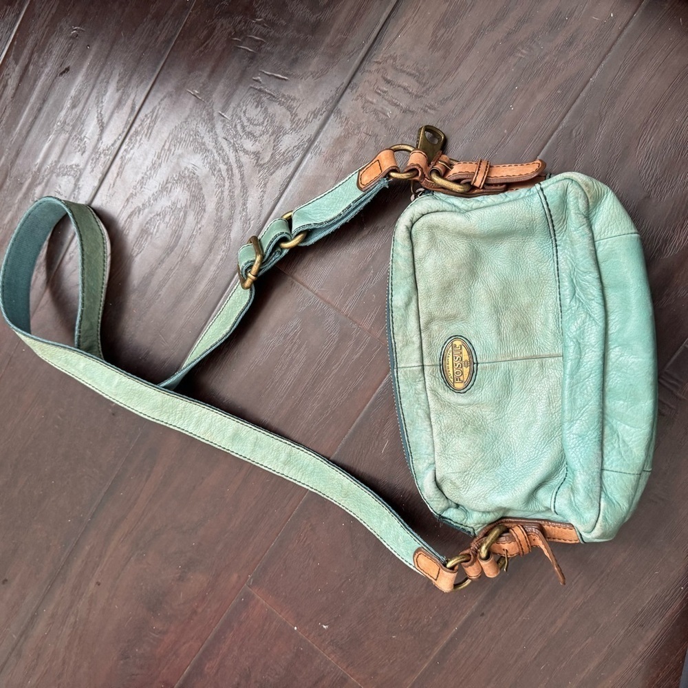 Fossil turquoise Leather Crossbody Bag boho western shabby chic coastal cowgirl - Picture 8 of 11